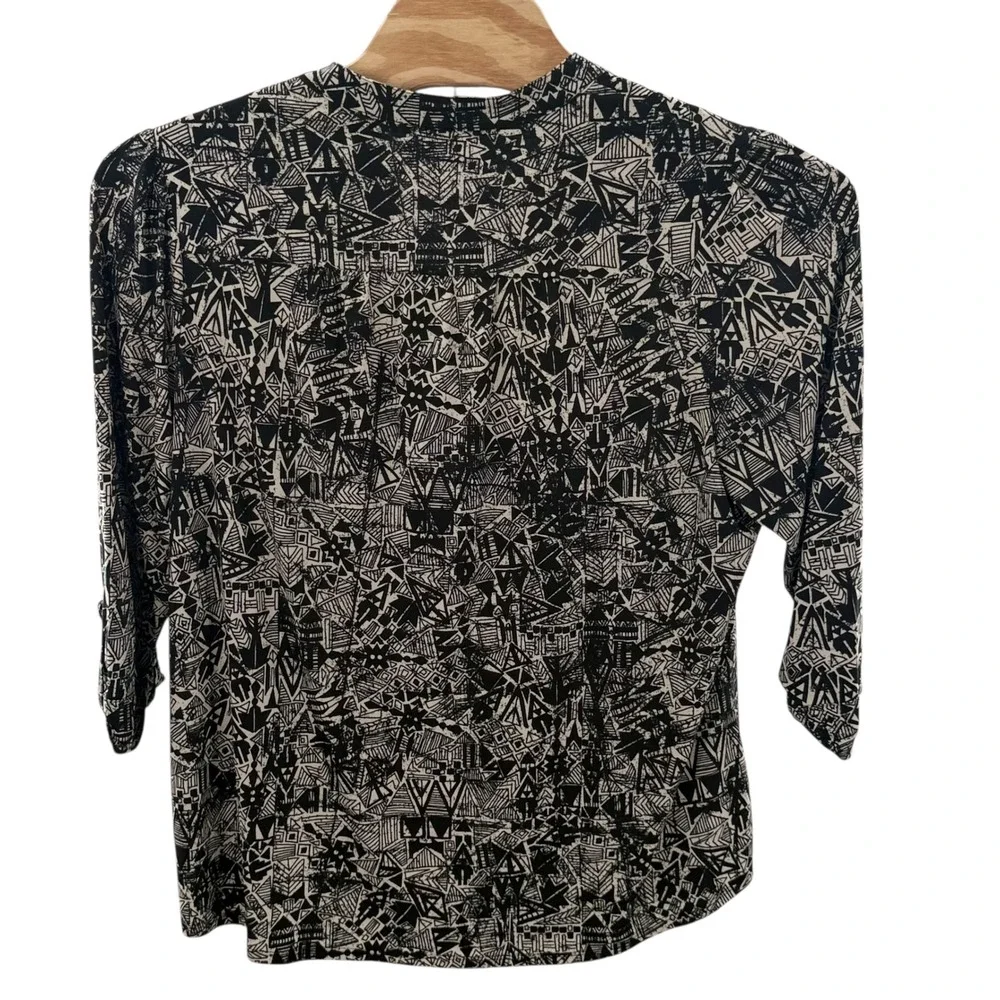 Roz & Ali Tunic Top Abstract Print 3/4 Sleeve Blouse Black White 2X boho chic